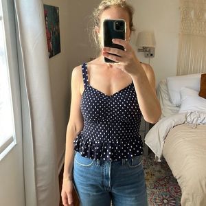 Ann Taylor Loft Navy Blue and White Shirred Peplum Sleeveless Blouse Size Small